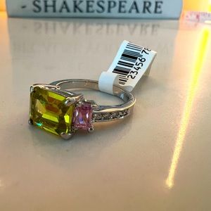 NWT Emerald Cut Simulated Peridot Pink Sapphire & Pavè Diamond CZ Fashion Ring